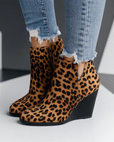 Rear view of suede wedge ankle boots showing heel height and ankle shaft