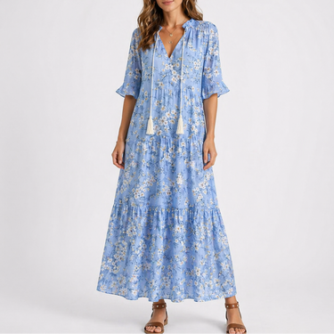 Summer Floral Midi Dress with Short Sleeves