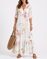 Summer Floral Midi Dress with Short Sleeves
