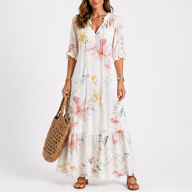 Summer Floral Midi Dress with Short Sleeves