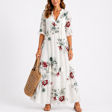 Summer Floral Midi Dress with Short Sleeves