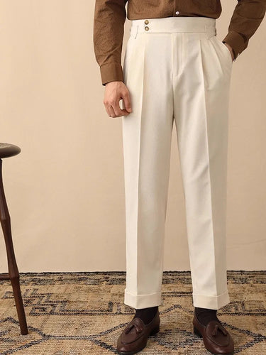 Tailored Men’s High Waist Pleated Trousers With Side Buckle Adjusters