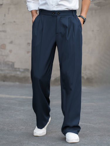 Tailored Men’s High Waist Pleated Trousers With Wide Leg And Double Button Tab
