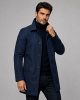 Side view showing the straight longline silhouette from shoulder to hem