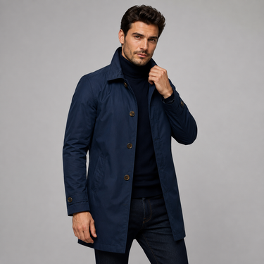Side view showing the straight longline silhouette from shoulder to hem