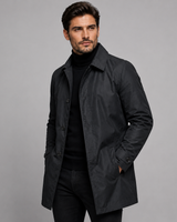 Close-up of the button front closure and flat pockets on the coat