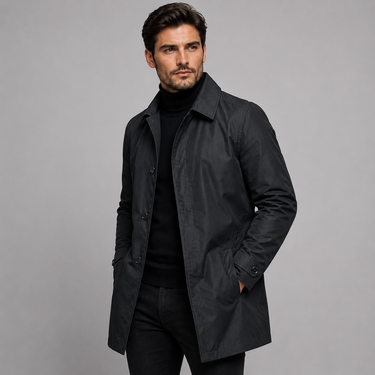 Close-up of the button front closure and flat pockets on the coat