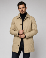 Front view of a men's tailored longline coat with button front closure