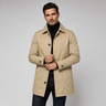 Front view of a men's tailored longline coat with button front closure