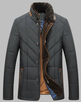 Close-up of longline men's coat showing collar detail and front pockets