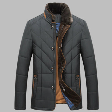 Close-up of longline men's coat showing collar detail and front pockets
