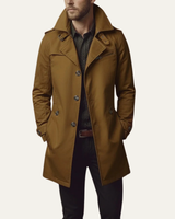 Rear view of men's tailored pea coat showing mid-thigh length and structured silhouette