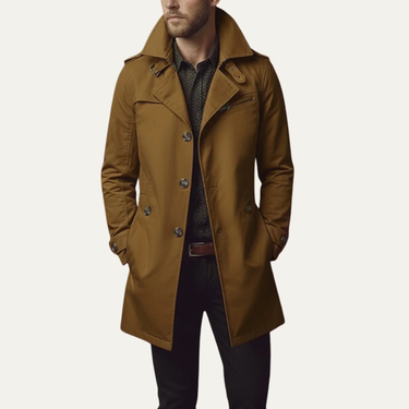 Rear view of men's tailored pea coat showing mid-thigh length and structured silhouette