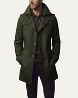 Close-up of double-breasted button closure and wide notched lapels on men's pea coat