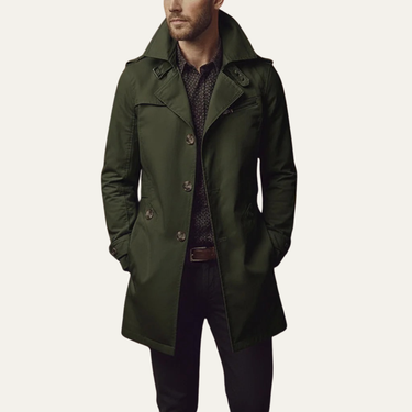 Close-up of double-breasted button closure and wide notched lapels on men's pea coat