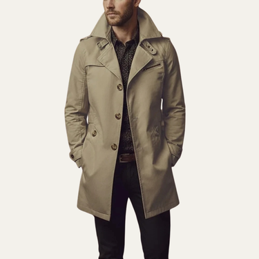 Detail shot of adjustable cuff tabs on men's pea coat sleeve