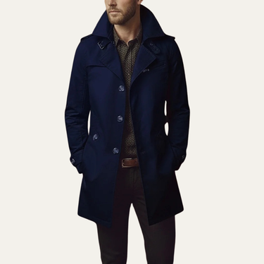 Side profile of men's slim-fit pea coat showing welt pocket and overall length