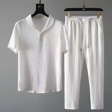 Tailored Men’s Textured Shawl Collar Shirt And Drawstring Trousers Set