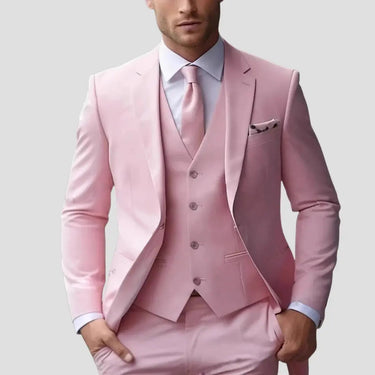Close-up of the suit trousers showing the straight-leg cut and waistband detail