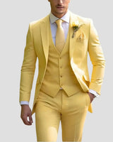 Full-length view of the complete three-piece suit styled for a formal occasion