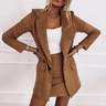 Front view of a long-sleeve co-ord set with rounded hem in brown