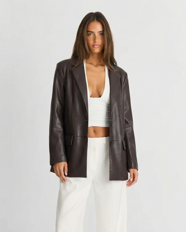 Tailored Women's Faux Leather Blazer Jacket With Structured Fit