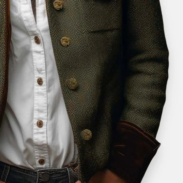Detail shot of velvet-trimmed cuffs on a quilted tweed jacket