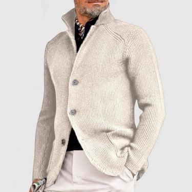Men's waffle-knit cardigan worn open over a plain crew-neck top