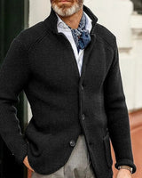 Men's waffle-knit button-through cardigan with stand collar, front view
