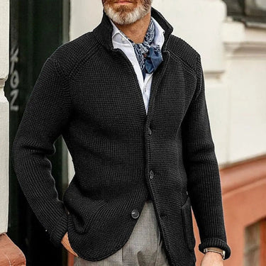 Men's waffle-knit button-through cardigan with stand collar, front view