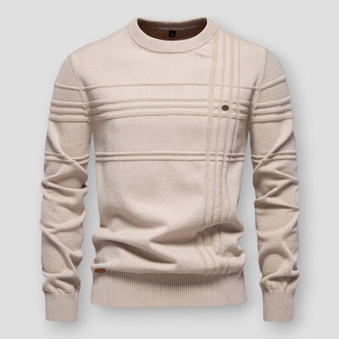 Front view of a textured crew neck jumper with horizontal and vertical knit pattern