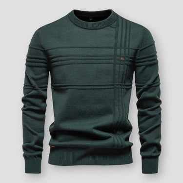 Detail shot of the ribbed cuffs and neckline on a textured crew neck jumper