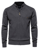 Front view of a men's zip-through jumper with geometric textured panel and ribbed stand collar