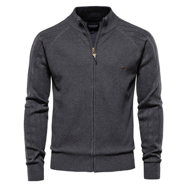 Front view of a men's zip-through jumper with geometric textured panel and ribbed stand collar