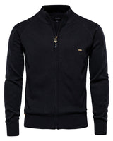 Close-up of the full-length front zip and ribbed collar detail