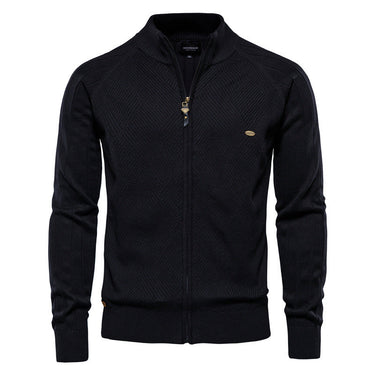 Close-up of the full-length front zip and ribbed collar detail