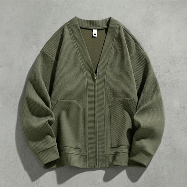 Side view of men's zip-up cardigan showing silhouette and sleeve length