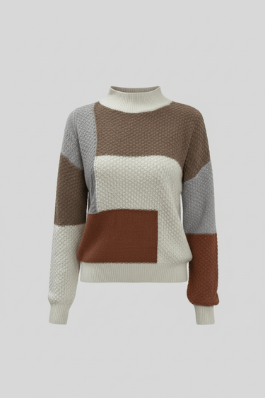 Textured Patchwork Knit Jumper with Crew Neck