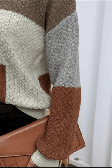 Textured Patchwork Knit Jumper with Crew Neck