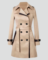 Front view of a textured trench coat with a self-tie belt and lapel collar