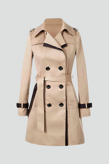 Front view of a textured trench coat with a self-tie belt and lapel collar