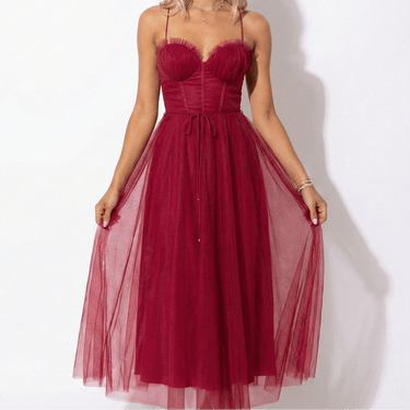 Tulle Maxi Dress with Corset Bodice and Spaghetti Straps