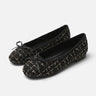 Front view of a tweed ballet flat with a bow at the toe