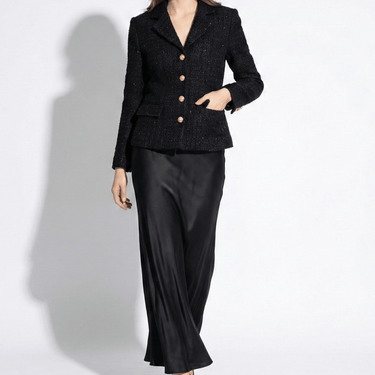 Tweed Blazer and Satin Maxi Skirt Set with Lapel Collar