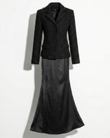 Tweed Blazer and Satin Maxi Skirt Set with Lapel Collar