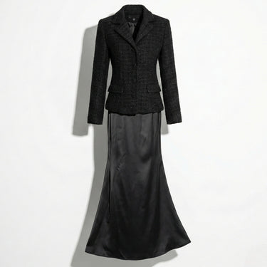 Tweed Blazer and Satin Maxi Skirt Set with Lapel Collar