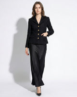 Tweed Blazer and Satin Maxi Skirt Set with Lapel Collar