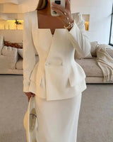 Two-Piece Blazer and Skirt Set with Square Neck and Button Detail