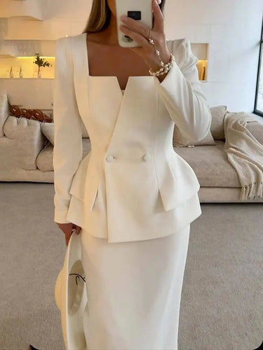 Two-Piece Blazer and Skirt Set with Square Neck and Button Detail