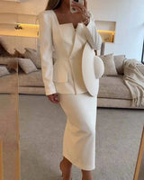 Two-Piece Blazer and Skirt Set with Square Neck and Button Detail